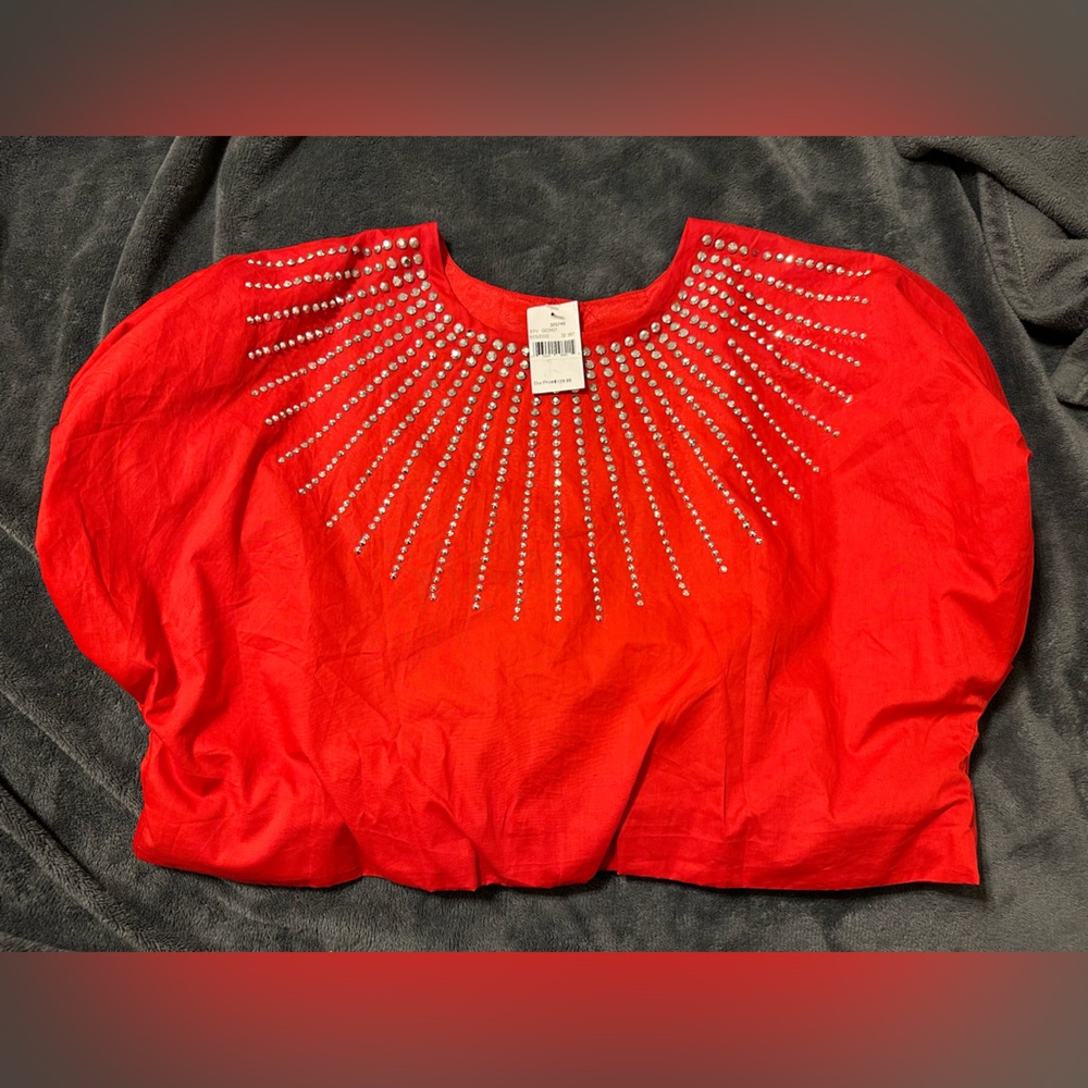 Queen of Sparkles red cinched red top with rhinestones